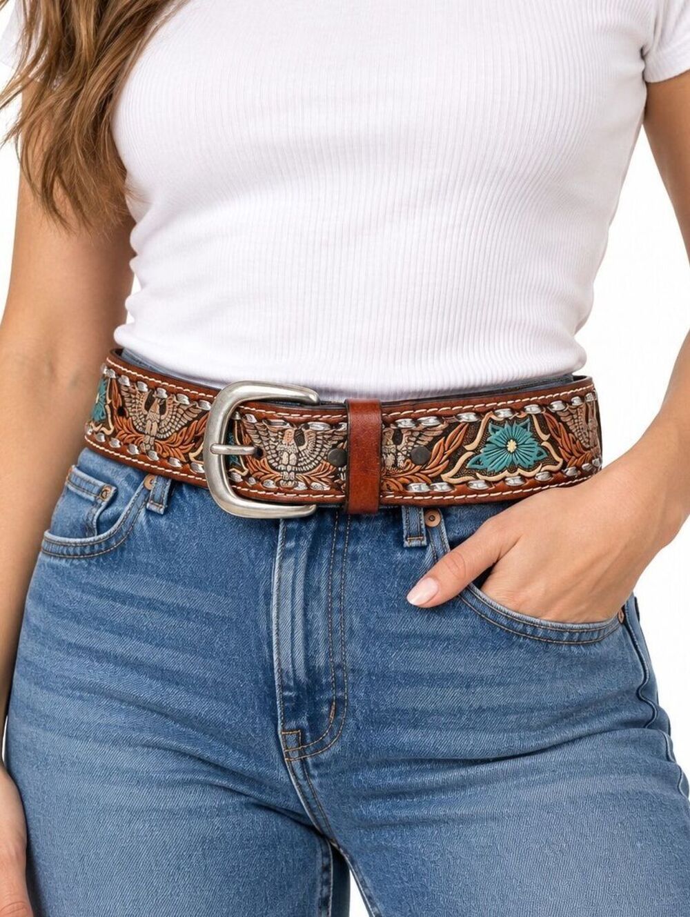 Mallory Hand-Tooled Brown Leather Western Belt Eagle Floral Tooled Turquoise -32